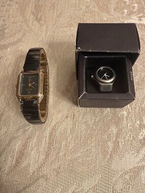 Black and Gold Rectangular Wristwatch and mood ring